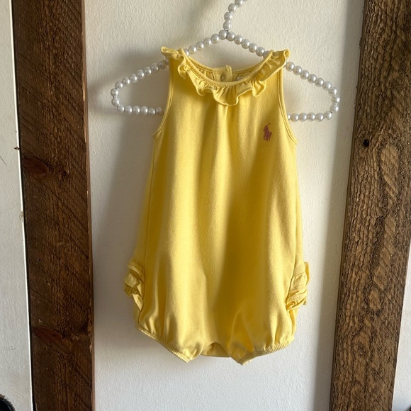 Y2K Ralph Lauren Baby Girl Yellow Ruffled Bubble Ruffle Romper Pink Logo - Picture 3 of 15